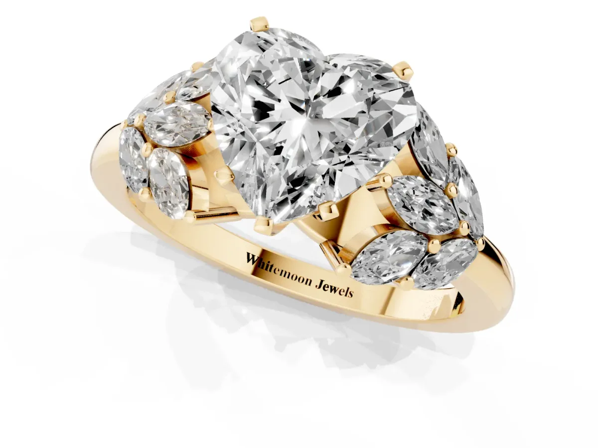 Heart Cut Diamond Cluster Leaf Design Ring with Prong Setting Yellow gold
