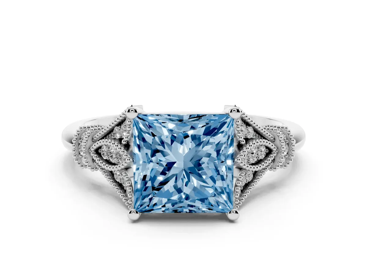 Fancy Blue Princess Cut Diamond Solitaire Ring with Floral Filigree and Pave Accents White gold