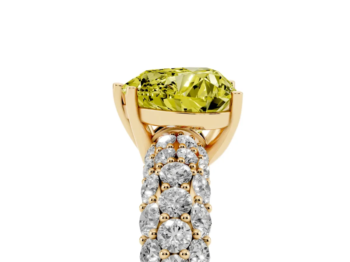 Fancy Yellow Heart Cut Diamond Pavé Band Solitaire Ring with Four-Prong Setting Yellow gold