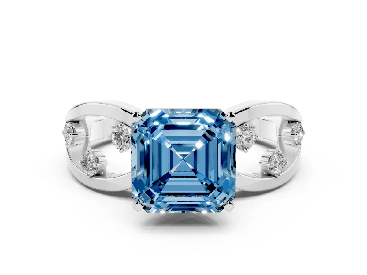 Fancy Blue Asscher Cut Cut Solitaire Diamond with Side Stones on Criss-Cross Band and Four-Prong Setting Platinum
