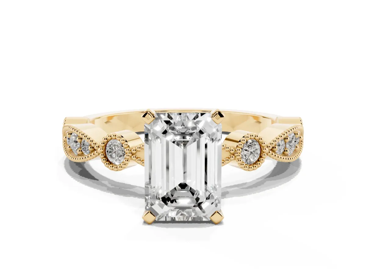 Emerald Cut Milgrain Bezel Diamond Engagement Ring with Solitaire Prong Setting Yellow gold