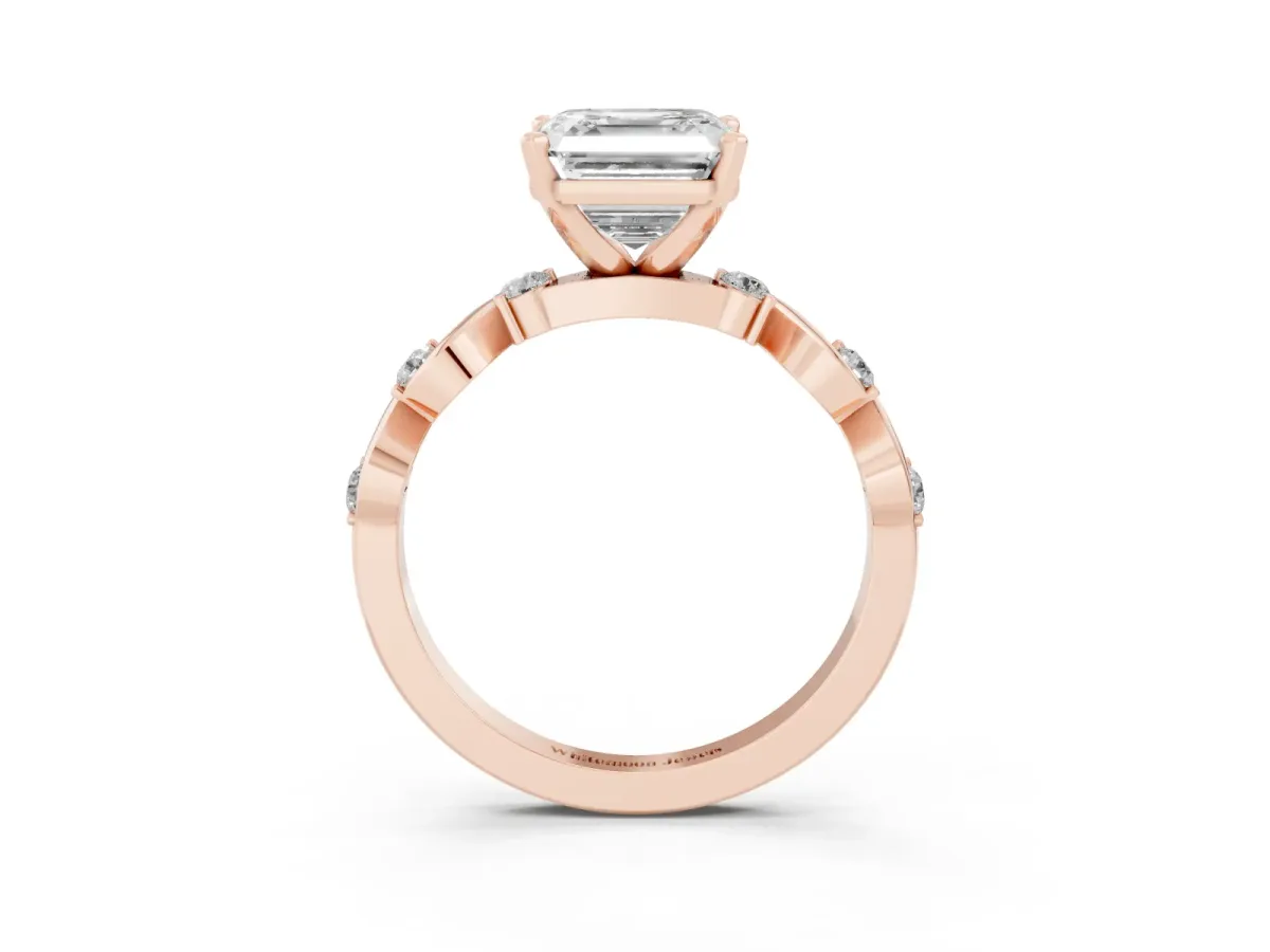 Asscher Cut Diamond Solitaire Twisted Band with Round Accents and Prong Setting Rose gold