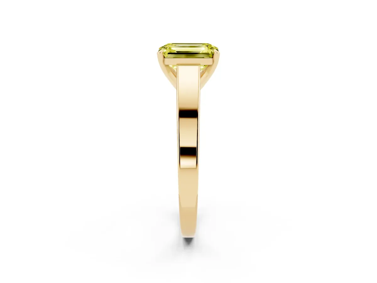 Fancy Yellow Emerald Cut Solitaire Engagement Ring with Four-Prong Setting and Tapered Band Yellow gold