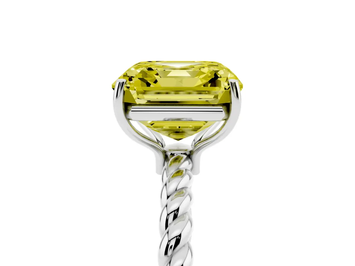 Fancy Yellow Asscher Cut Solitaire Twisted Band 4-Prong Ring White gold