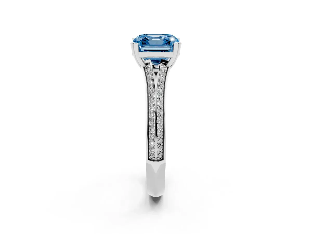 Fancy Blue Asscher Cut Diamond Split Shank Engagement Ring with Pavé Band Silver
