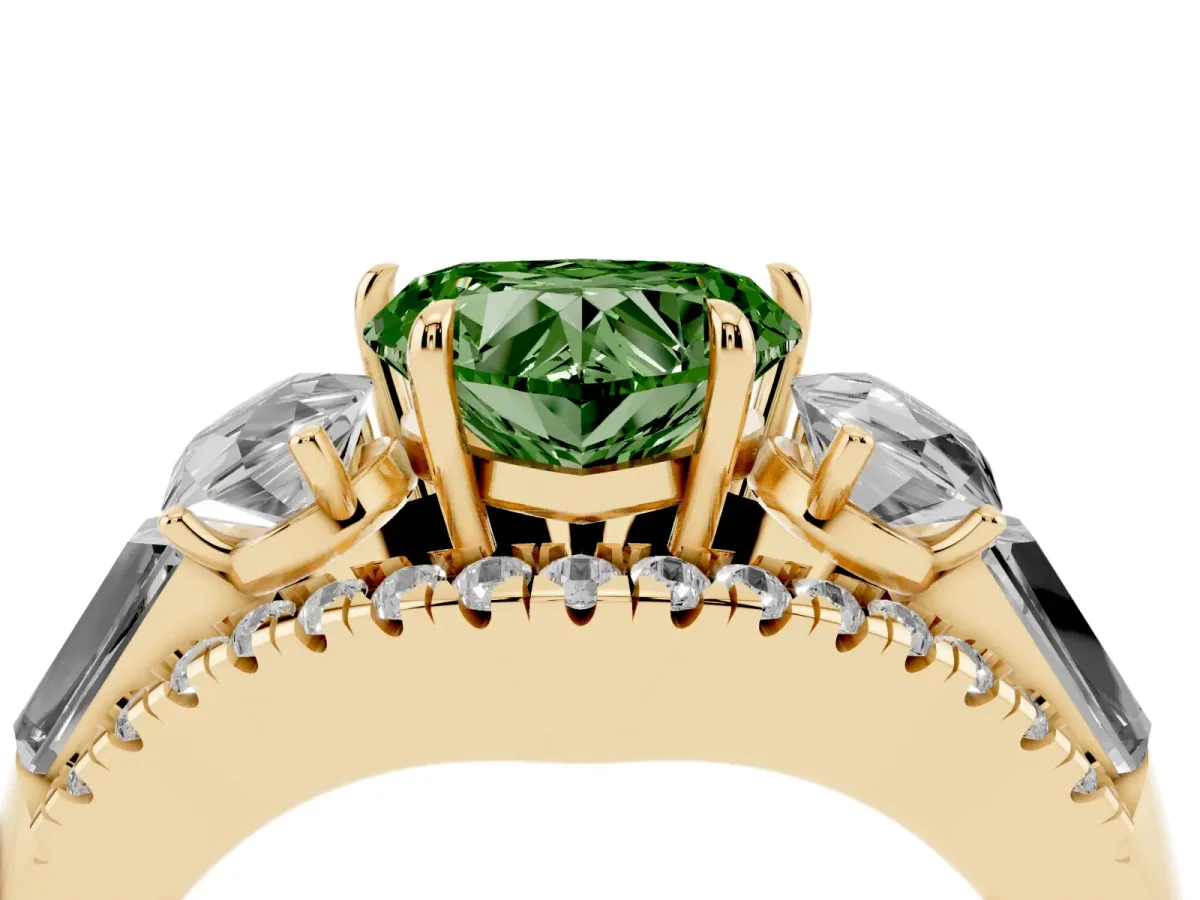 Fancy Green Three-Stone Heart Cut Diamond Engagement Ring with Pave Band and Prong Setting Yellow gold