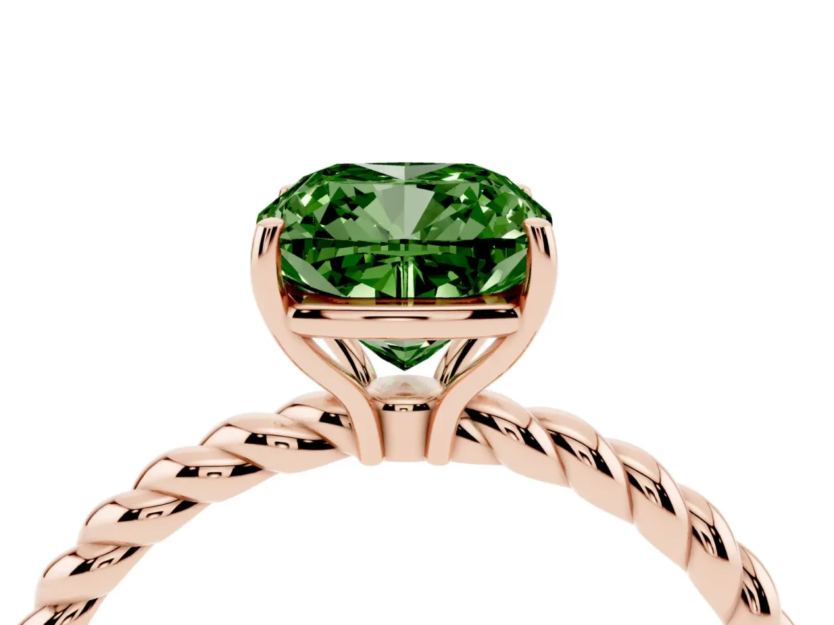 Fancy Green Cushion Cut Solitaire Twist Band Ring with Four-Prong Setting Rose gold