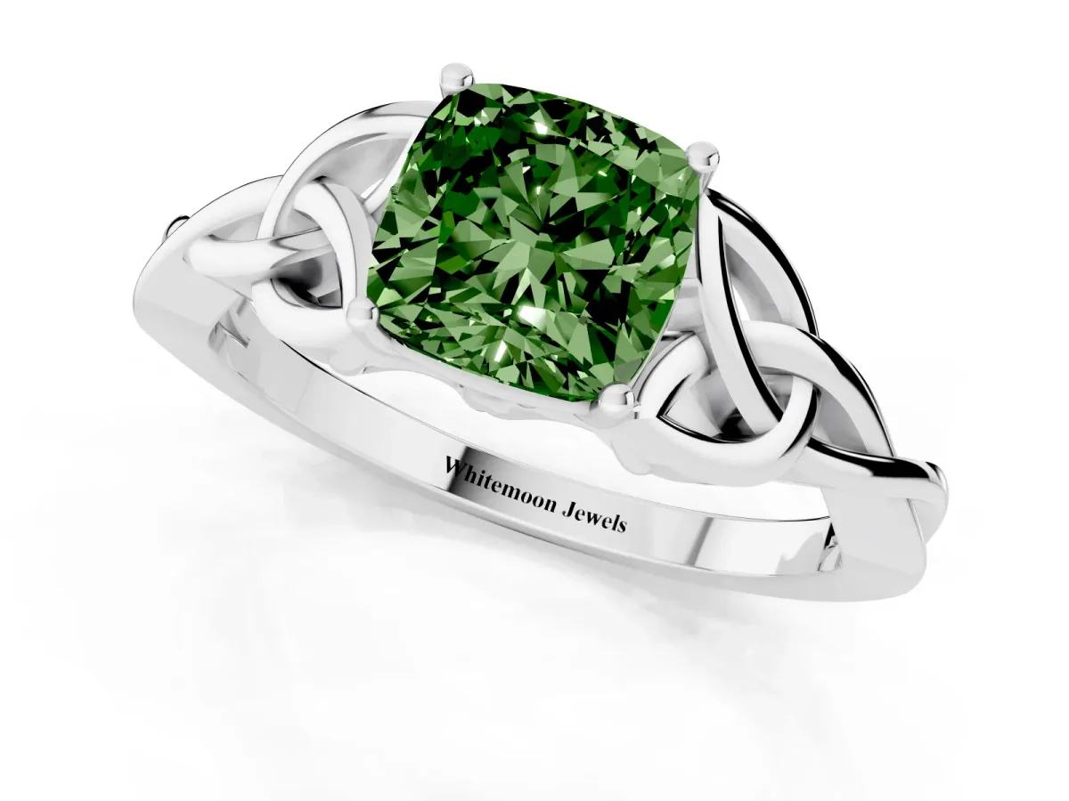 Fancy Green Cushion Cut Diamond Solitaire Engagement Ring with Celtic Knot Band and Four-Prong Setting Platinum