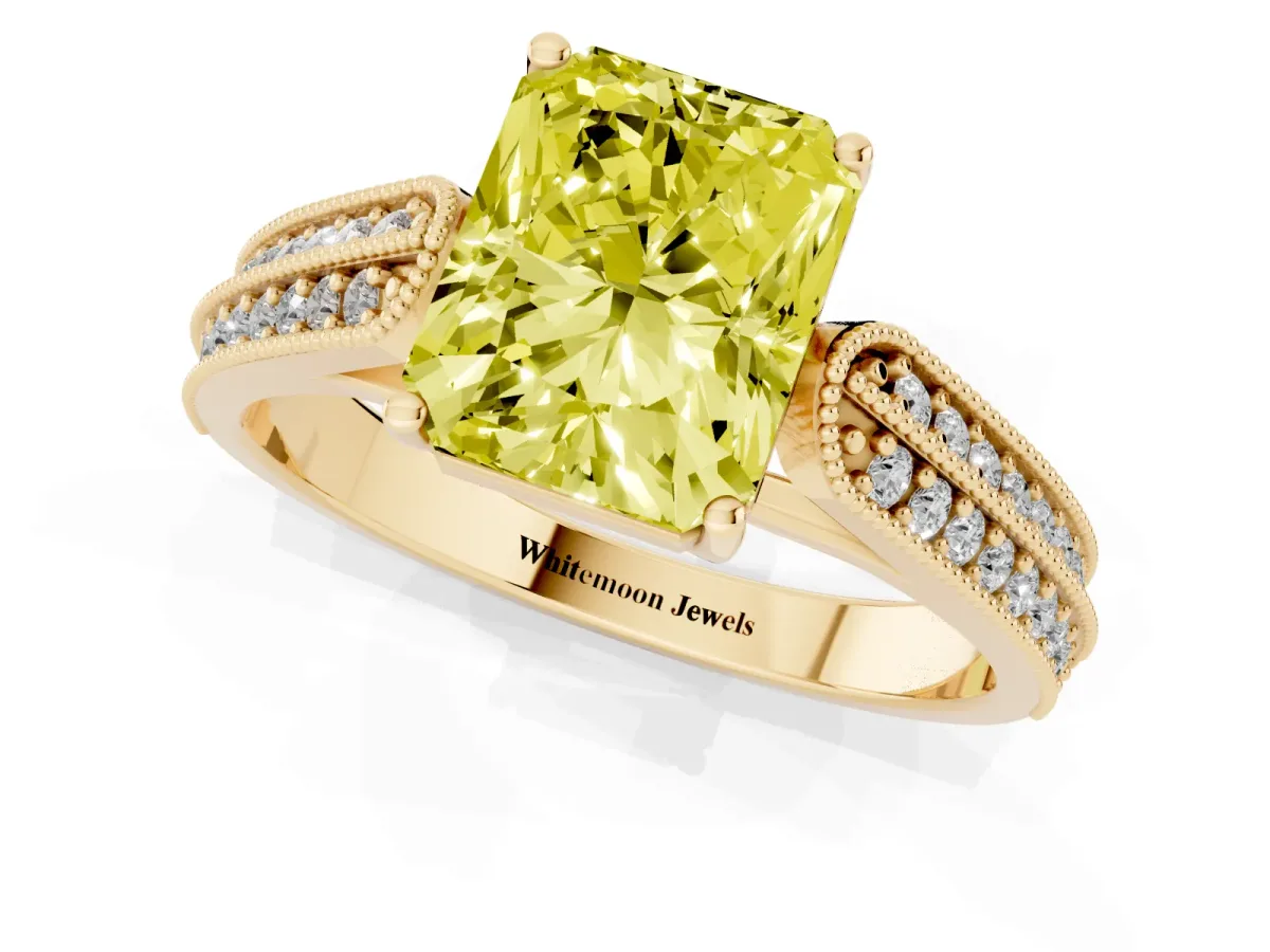 Fancy Yellow Radiant Cut Cut Pave Split Shank Engagement Ring with Four-Prong Setting Yellow gold