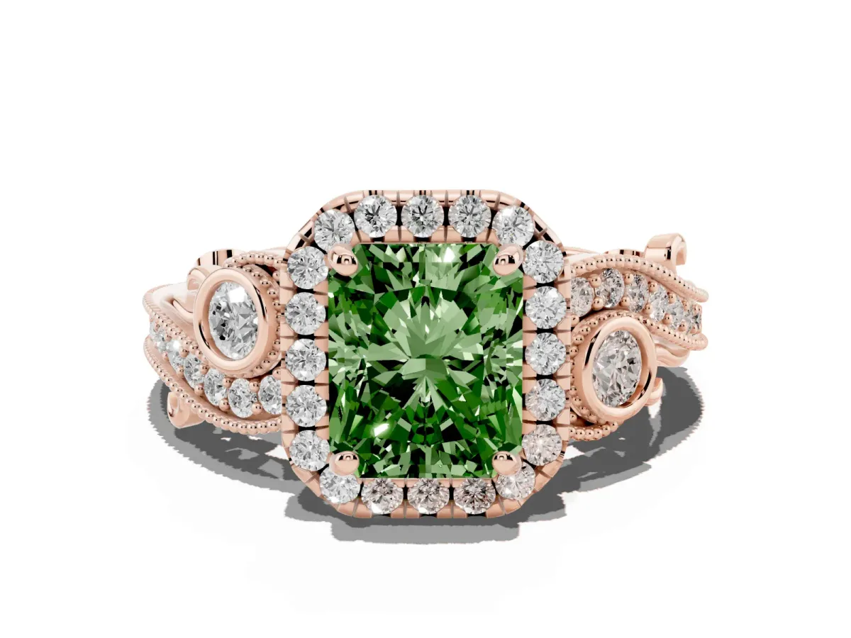 Fancy Green Radiant Cut Halo Diamond Ring with Milgrain and Bezel Accents on a Split Shank Band Rose gold