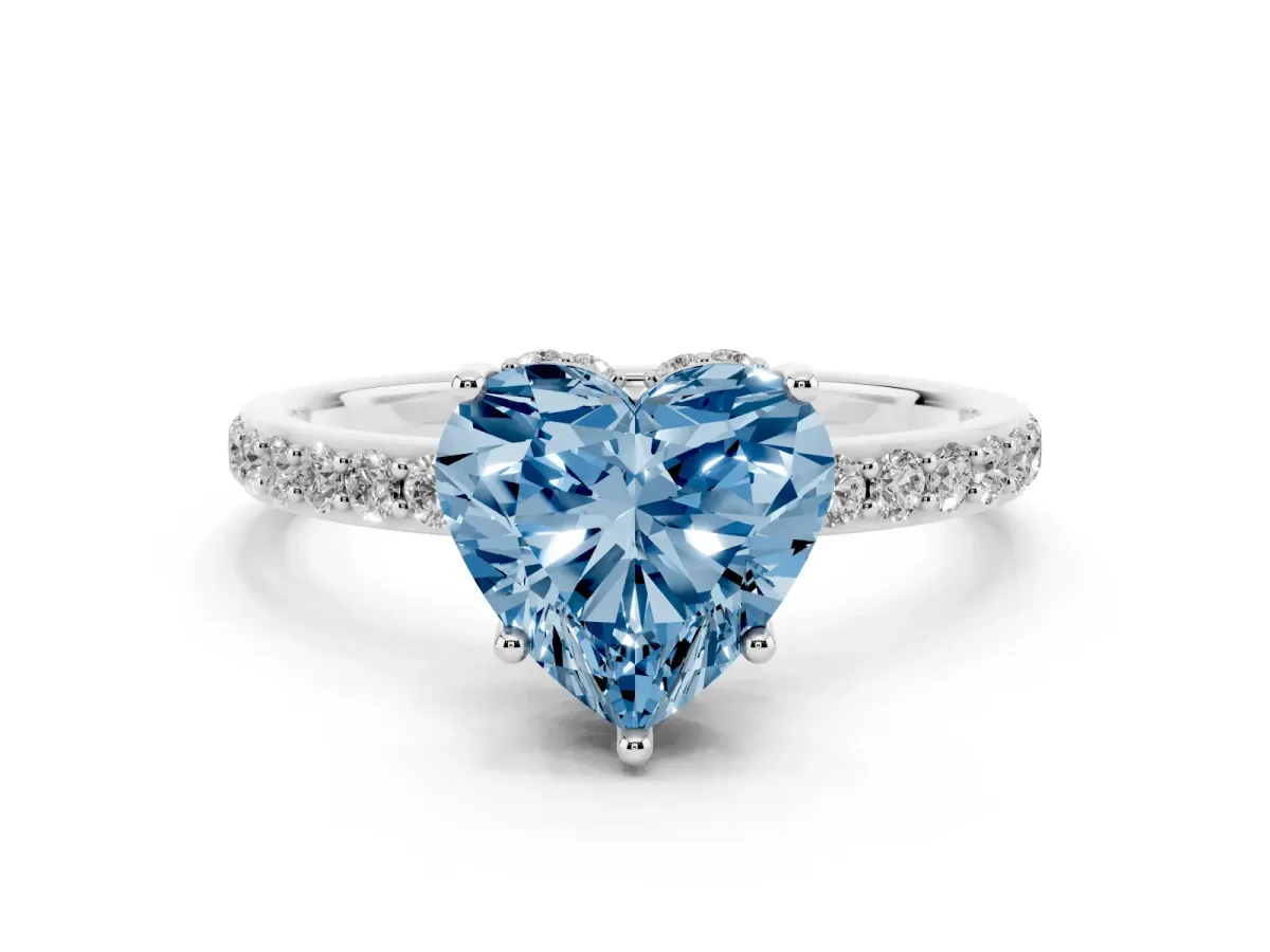 Fancy Blue Heart Cut Diamond Solitaire Ring with Pavé Band and Hidden Halo Platinum