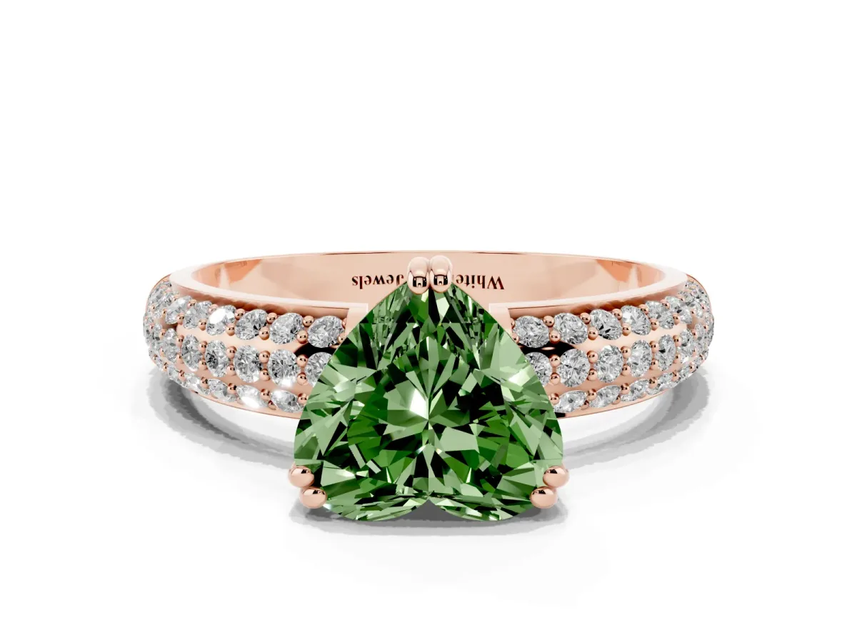 Fancy Green Heart Cut Diamond Solitaire Ring with Multi-Row Round Pavé Band and Prong Setting Rose gold