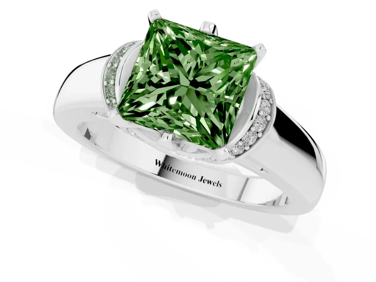 Fancy Green Princess Cut Solitaire Diamond Ring with Pave Band and Six-Prong Setting Platinum
