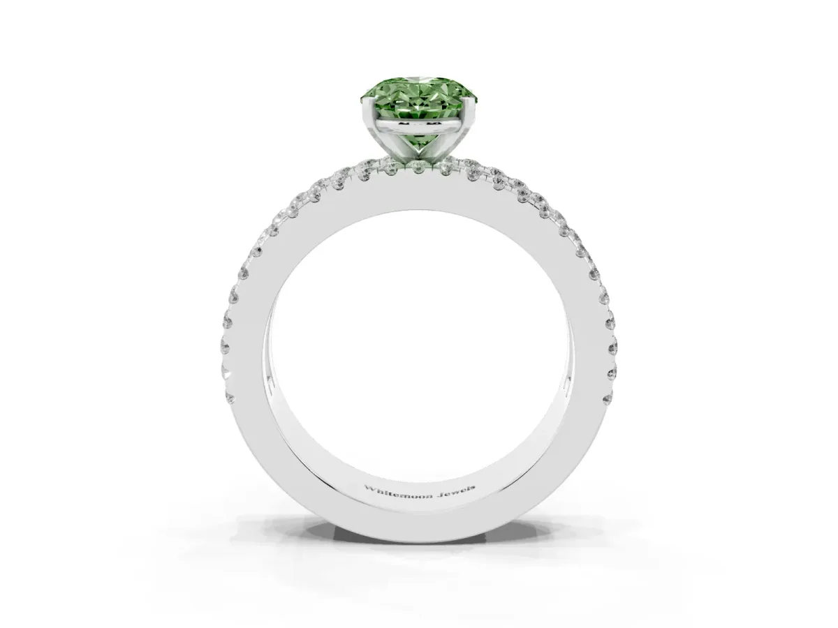 Fancy Green Oval Cut Diamond Solitaire Ring with Pavé and Channel Set Band Silver