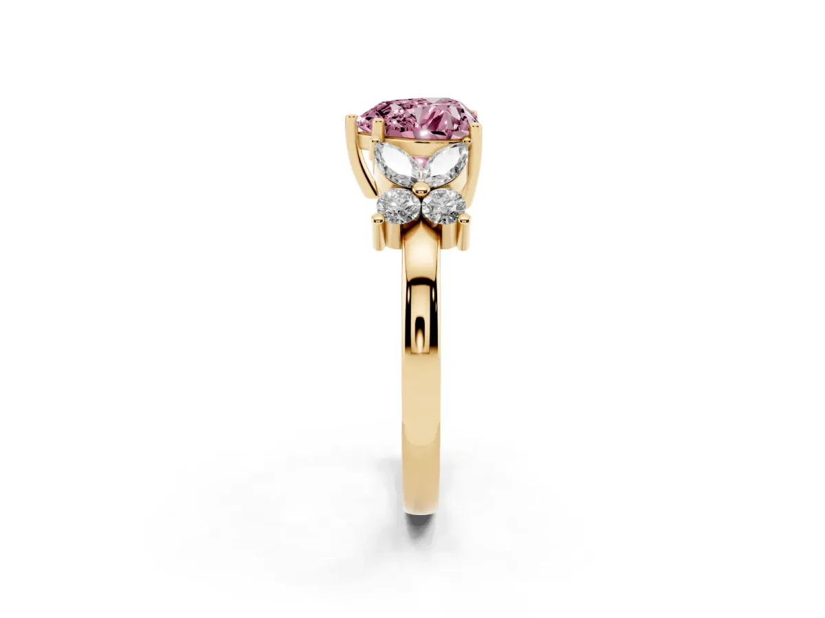 Fancy Pink Heart Cut Diamond Floral Cluster Ring with Solitaire Band and Prong Setting Yellow gold