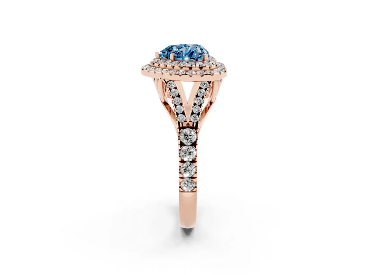 Fancy Blue Double Halo Heart Cut Diamond Split Shank Engagement Ring with Four-Prong Setting Rose gold