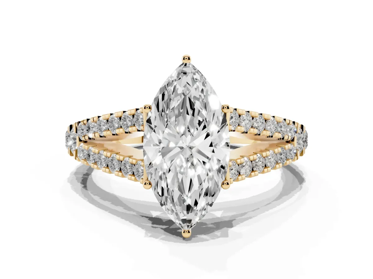 Marquise Cut Diamond Split Shank Pavé Engagement Ring with Four-Prong Setting Yellow gold