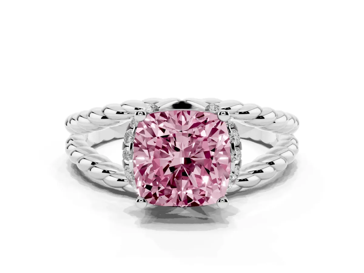 Fancy Pink Cushion Cut Halo Twisted Band Four-Prong Ring Silver