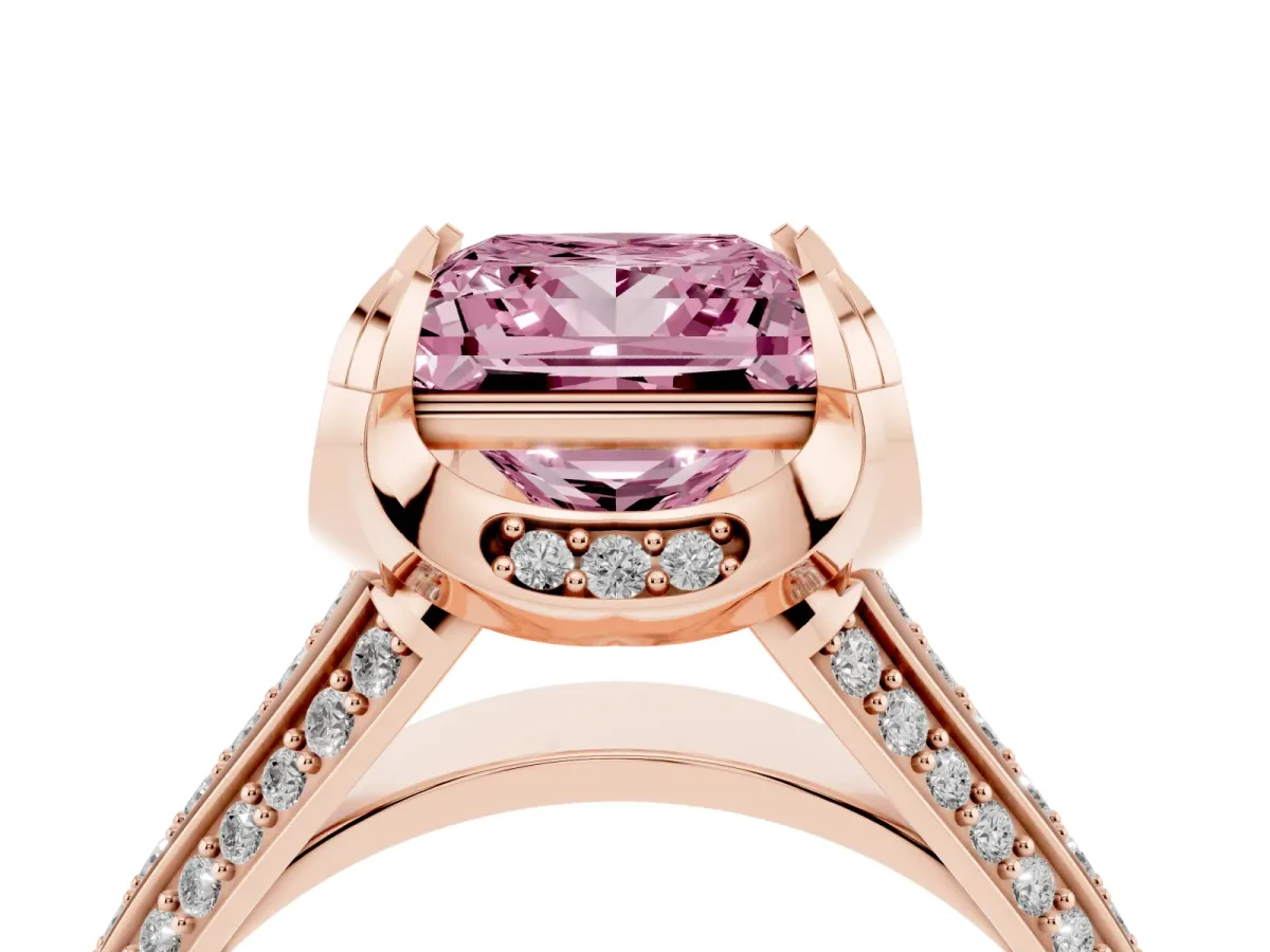 Fancy Pink Princess Cut Solitaire Pave Split Shank Ring with Four-Prong Setting Rose gold