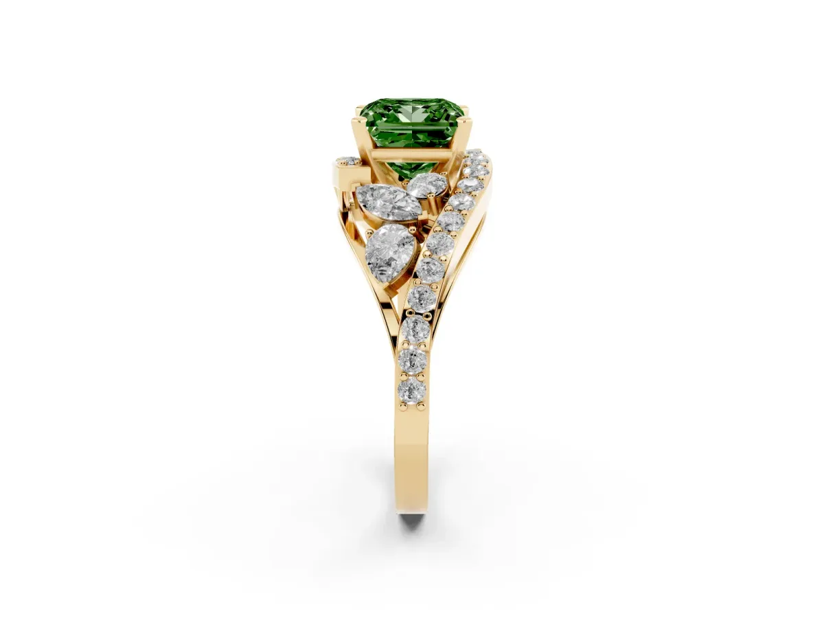 Fancy Green Princess Cut Diamond Halo Ring with Marquise and Pavé Band in Prong Setting Yellow gold