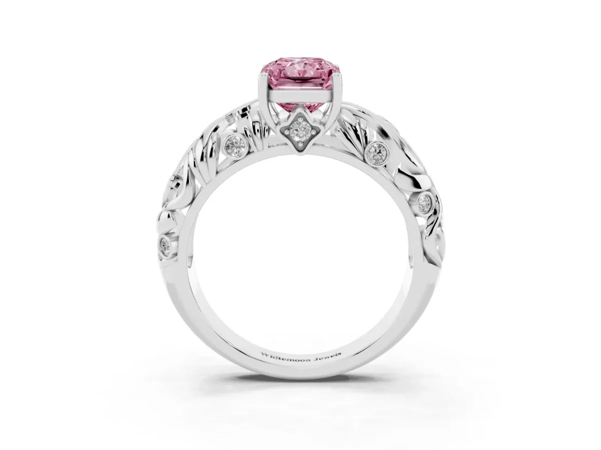 Fancy Pink Radiant Cut Solitaire Diamond Leaf-Inspired Vine Band Ring with Prong Setting Silver