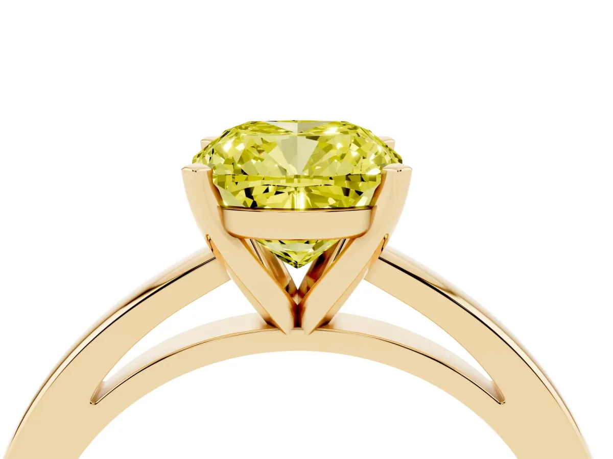 Fancy Yellow Cushion Cut Solitaire Diamond Engagement Ring with Four-Prong Setting on a Classic Band Yellow gold