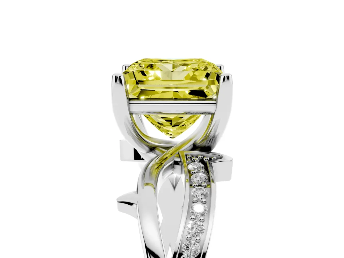 Fancy Yellow Princess Cut Solitaire Twist Band with Pavé Accents and Four-Prong Setting Platinum