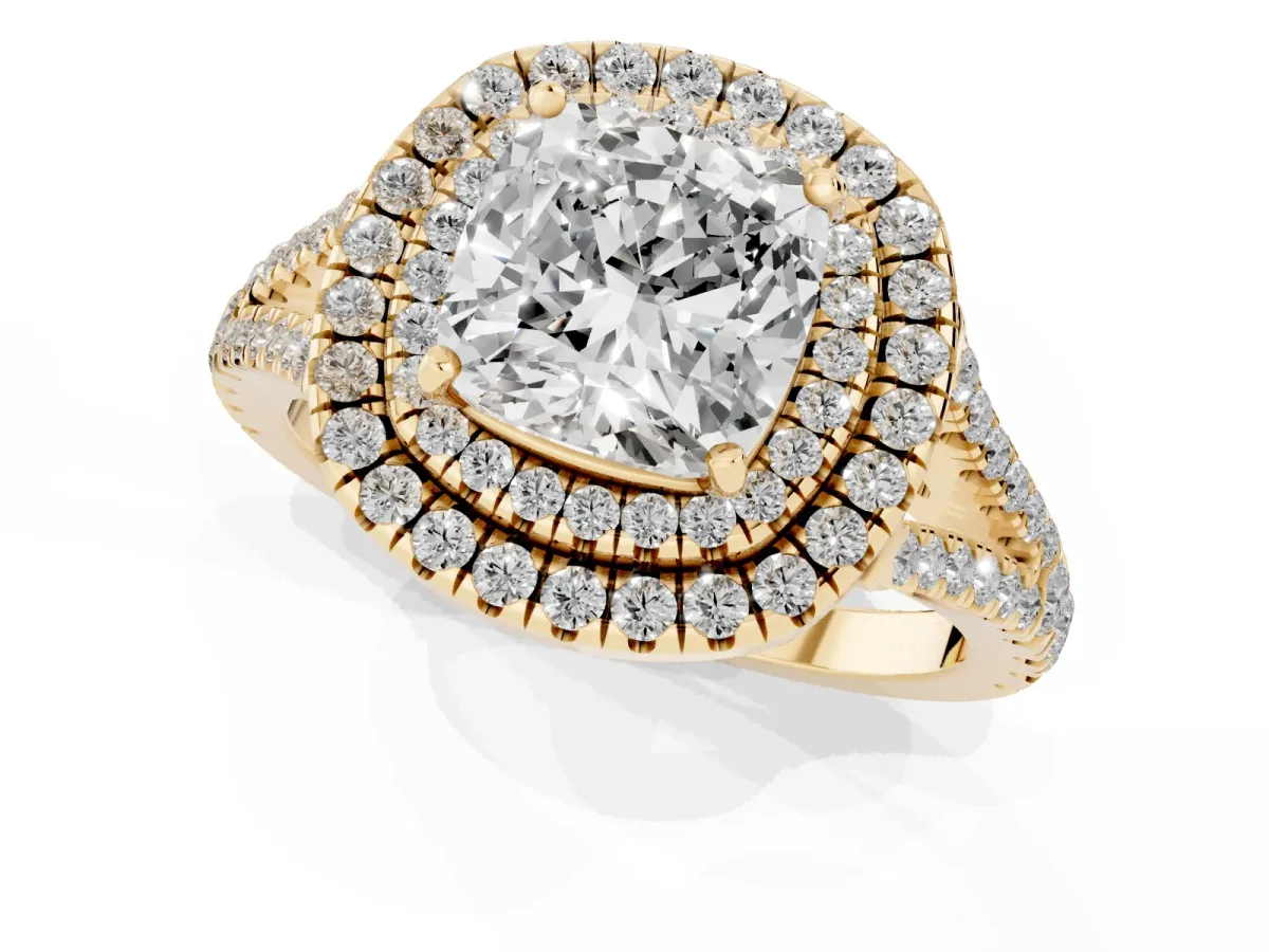 Cushion Cut Diamond Double Halo Ring with Pavé Band and Prong Setting Yellow gold