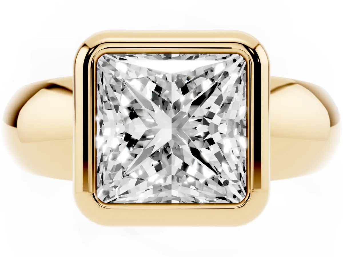 Bezel Set Princess Cut Solitaire Ring with Wide Band Yellow gold