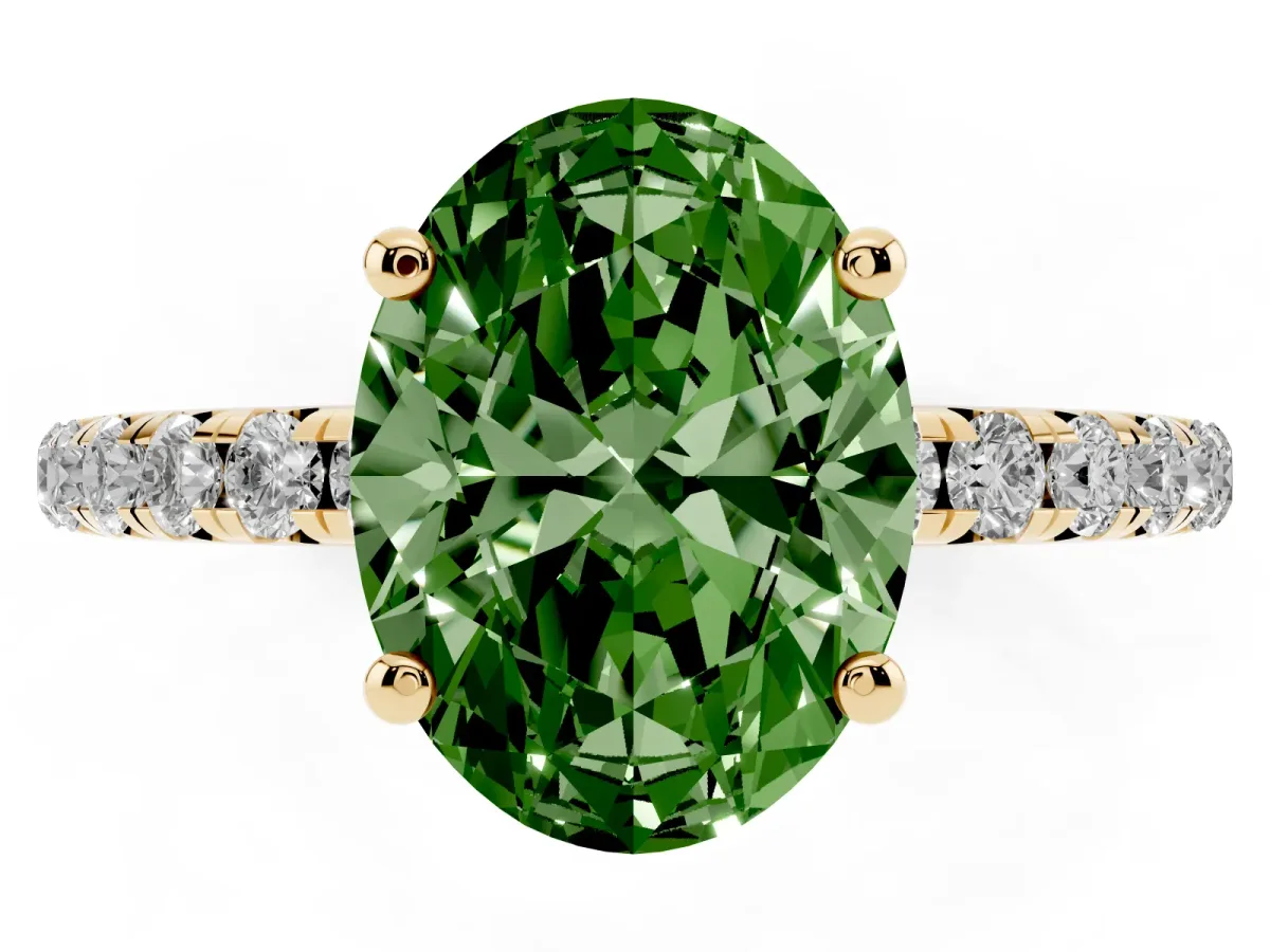 Fancy Green Oval Cut Cut Diamond Solitaire Ring with Micro Pave Band and Four Prong Setting Yellow gold