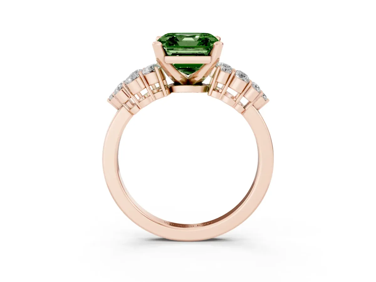 Fancy Green Asscher Cut Cluster Diamond Engagement Ring with Pavé Band and Four-Prong Setting Rose gold