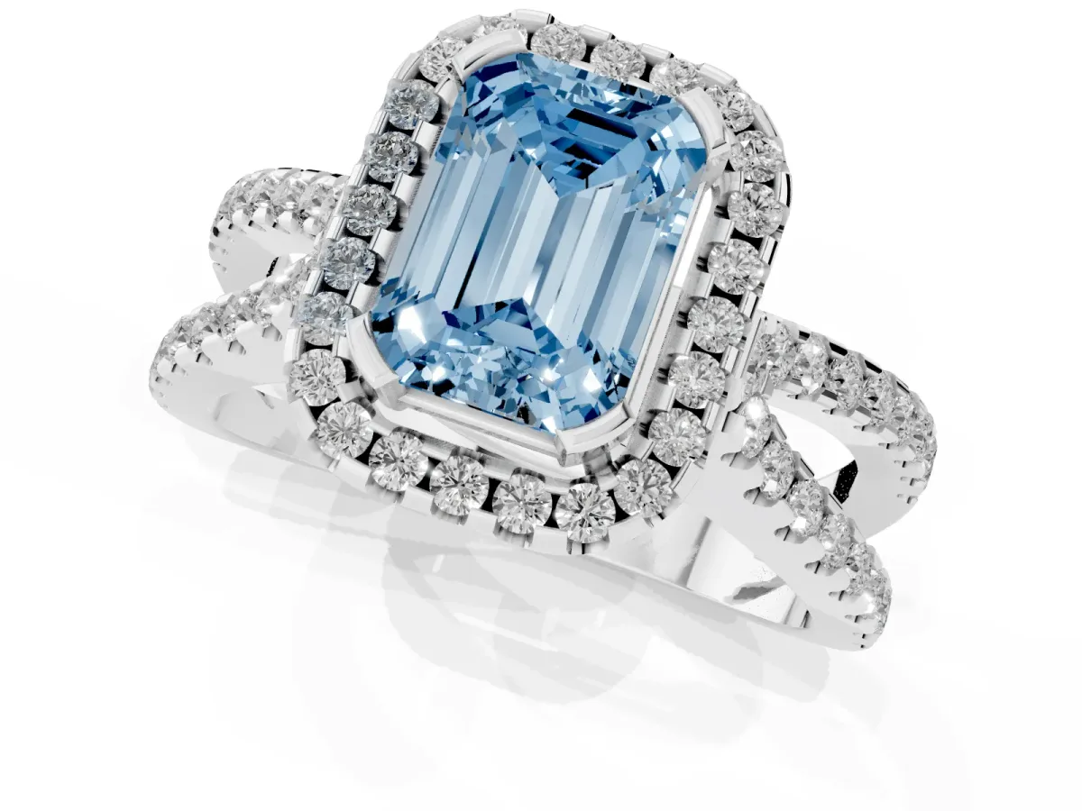 Fancy Blue Emerald Cut Diamond Halo Ring with Split Shank Pavé Band and Prong Setting Silver
