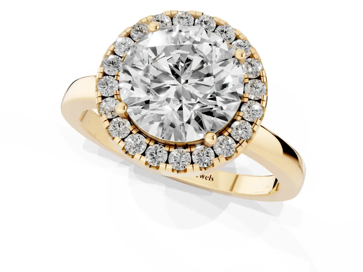 Round Cut Halo Diamond Solitaire with Pavé Band and Four-Prong Setting Yellow gold