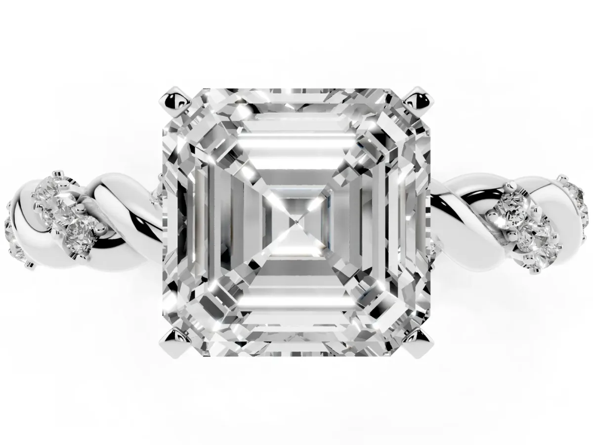 Asscher Cut Diamond Solitaire Ring with Twisted Band and Pavé Accents Silver