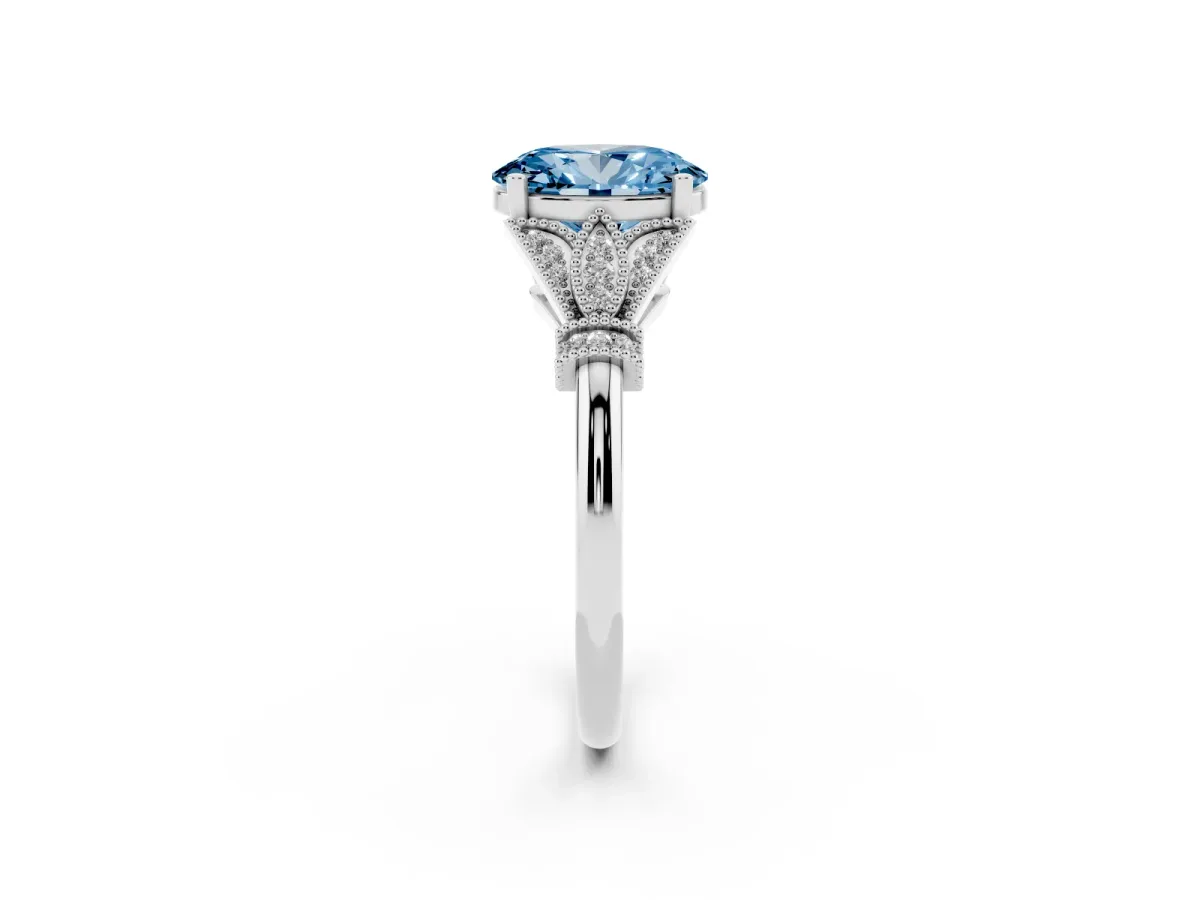 Fancy Blue Oval Cut Diamond Solitaire Ring with Floral Filigree and Pave Accents Silver