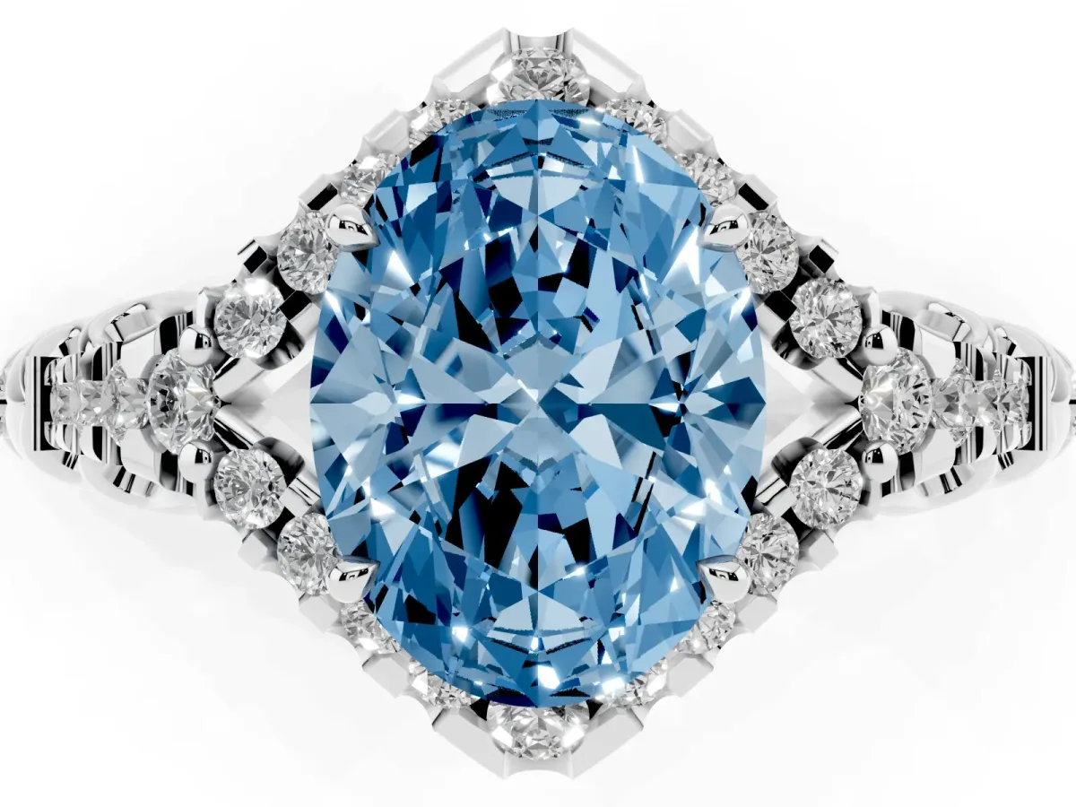 Fancy Blue Oval Cut Diamond Solitaire Ring with Hidden Halo and Pavé Band Platinum
