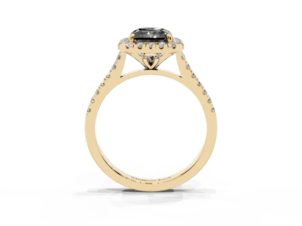 Fancy Black Radiant Cut Diamond Cushion Halo Ring with Pavé Band Yellow gold