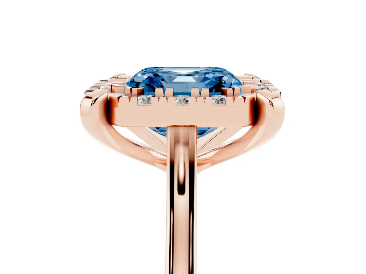 Fancy Blue Asscher Cut Diamond Cluster Halo Solitaire with Four-Prong Setting Rose gold