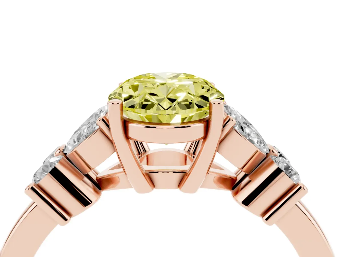 Fancy Yellow Oval Cut Diamond Floral Cluster Ring with Solitaire Band and Prong Setting Rose gold