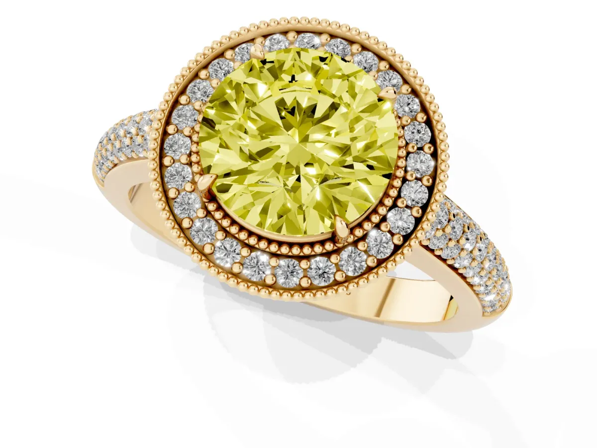 Fancy Yellow Round Cut Cut Halo Diamond Pave Band with Four-Prong Setting Yellow gold