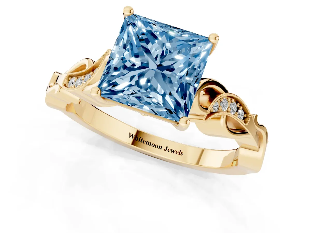 Fancy Blue Princess Cut Solitaire Vine Band with Milgrain Prong Setting Yellow gold