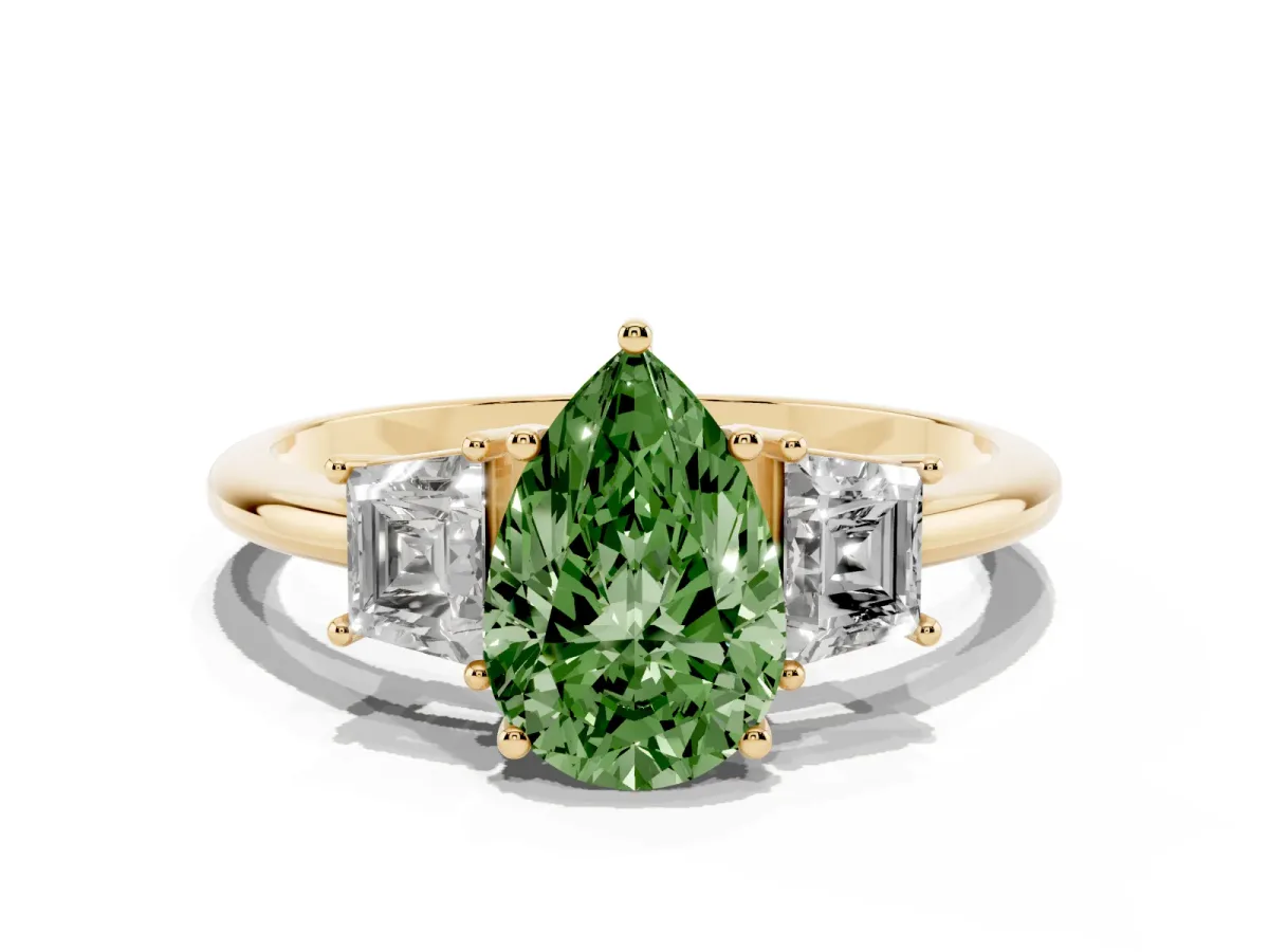 Fancy Green Pear Cut Diamond Three-Stone Ring with Trapezoid Side Stones and Prong Setting Yellow gold
