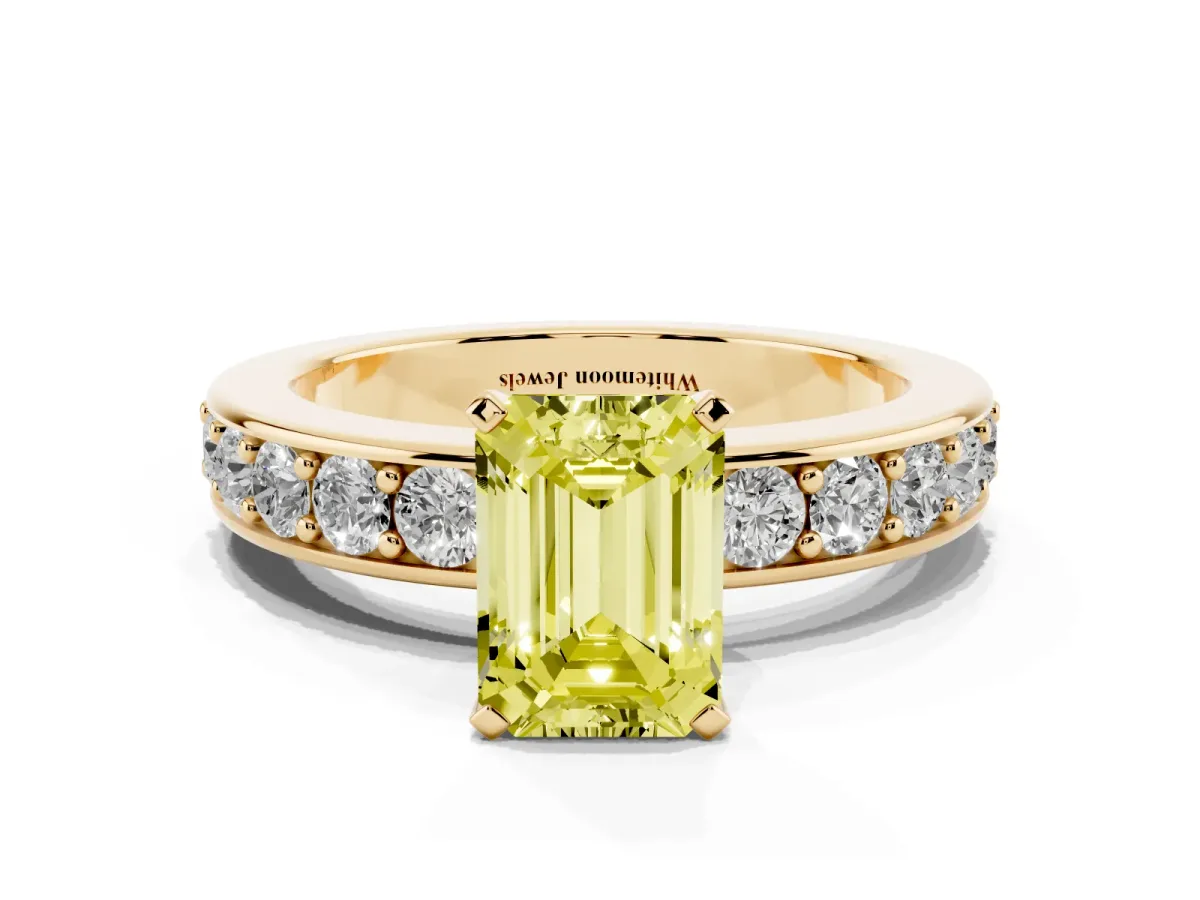 Fancy Yellow Emerald Cut Diamond Engagement Ring with Channel Set Round Band and Prong Setting Yellow gold