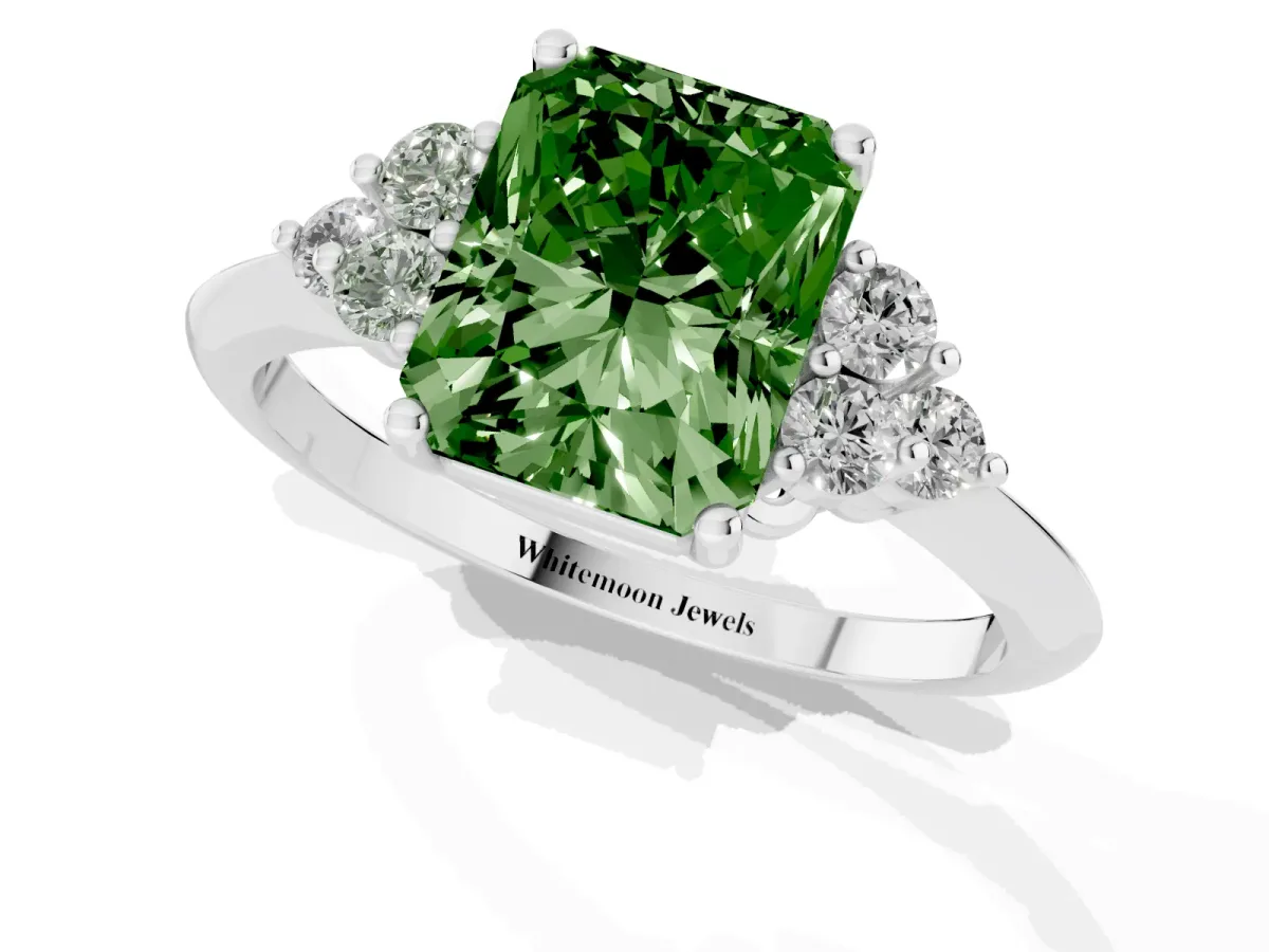 Fancy Green Radiant Cut Cut Diamond Cluster Ring with Solitaire Band and Four-Prong Setting Silver