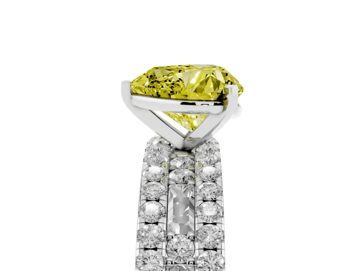 Fancy Yellow Heart Cut Diamond Solitaire Ring with Pavé and Channel Set Band Platinum