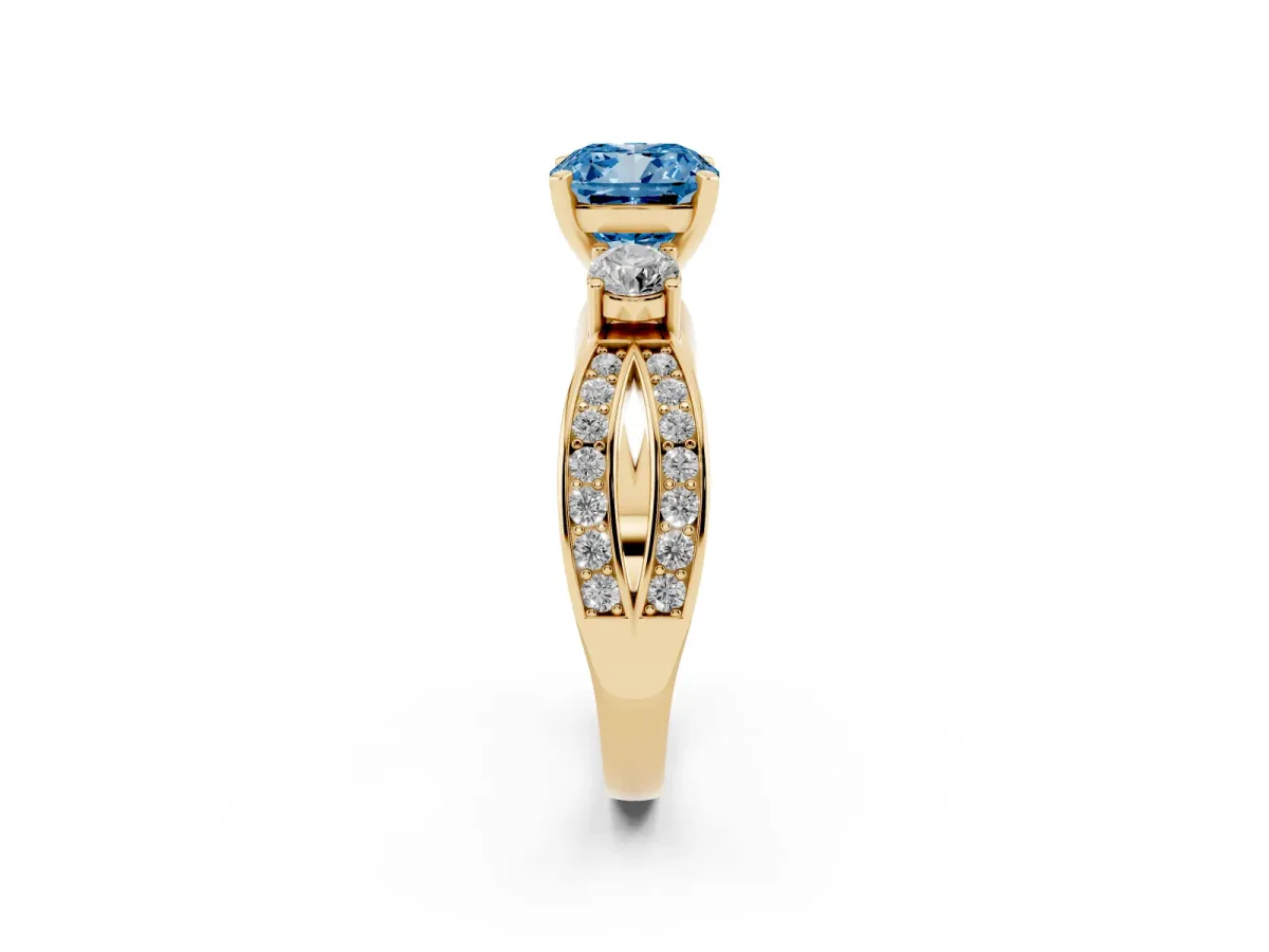 Fancy Blue Three-Stone Cushion Cut Cut Diamond Twist Band with Prong Setting Yellow gold