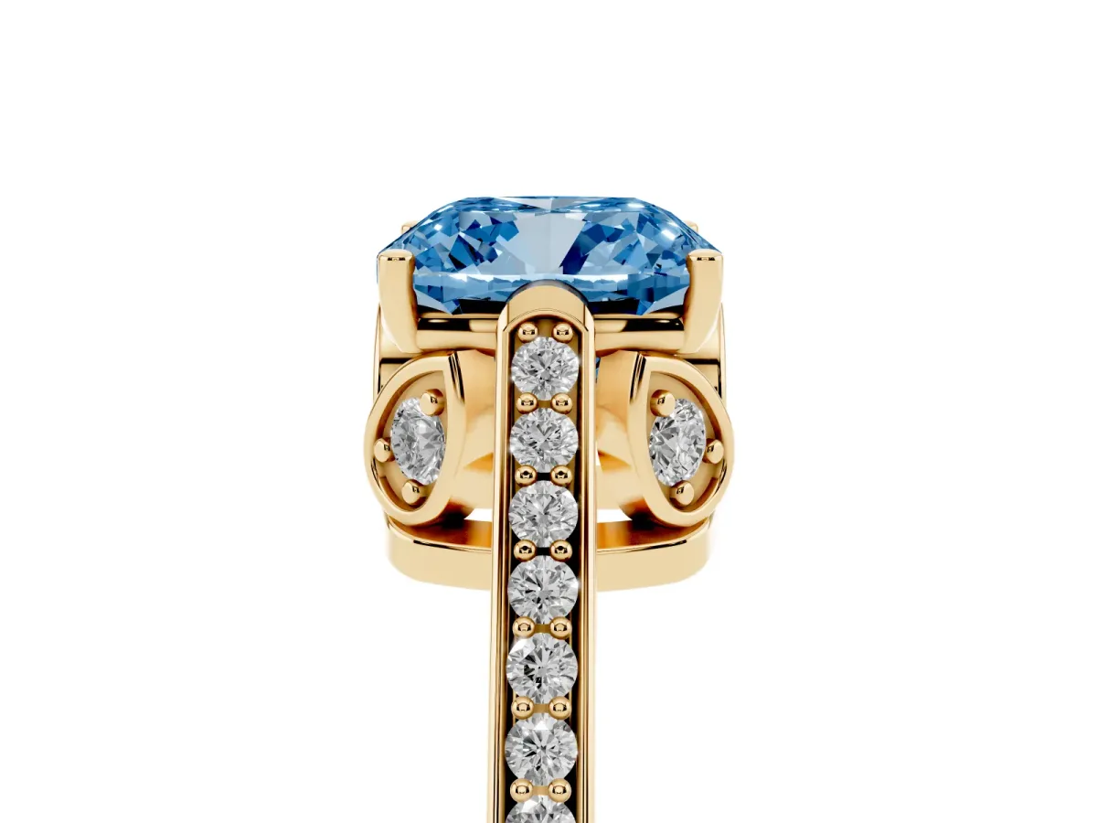 Fancy Blue Cushion Cut Cut Cathedral Pave Diamond Engagement Ring with Six-Prong Setting Yellow gold