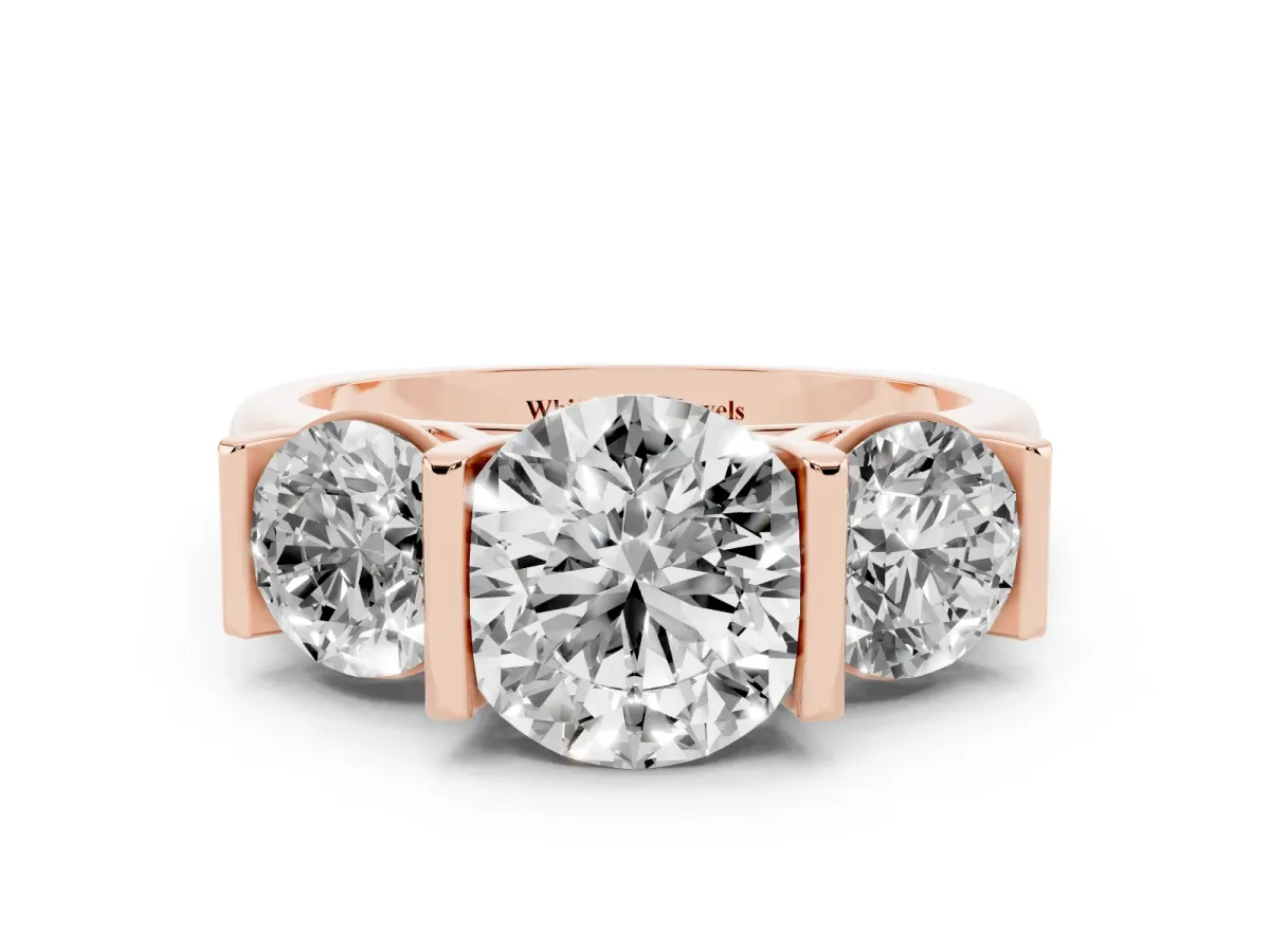 Three-Stone Round Cut Brilliant Diamond Ring with Channel Setting and White Gold Band Rose gold