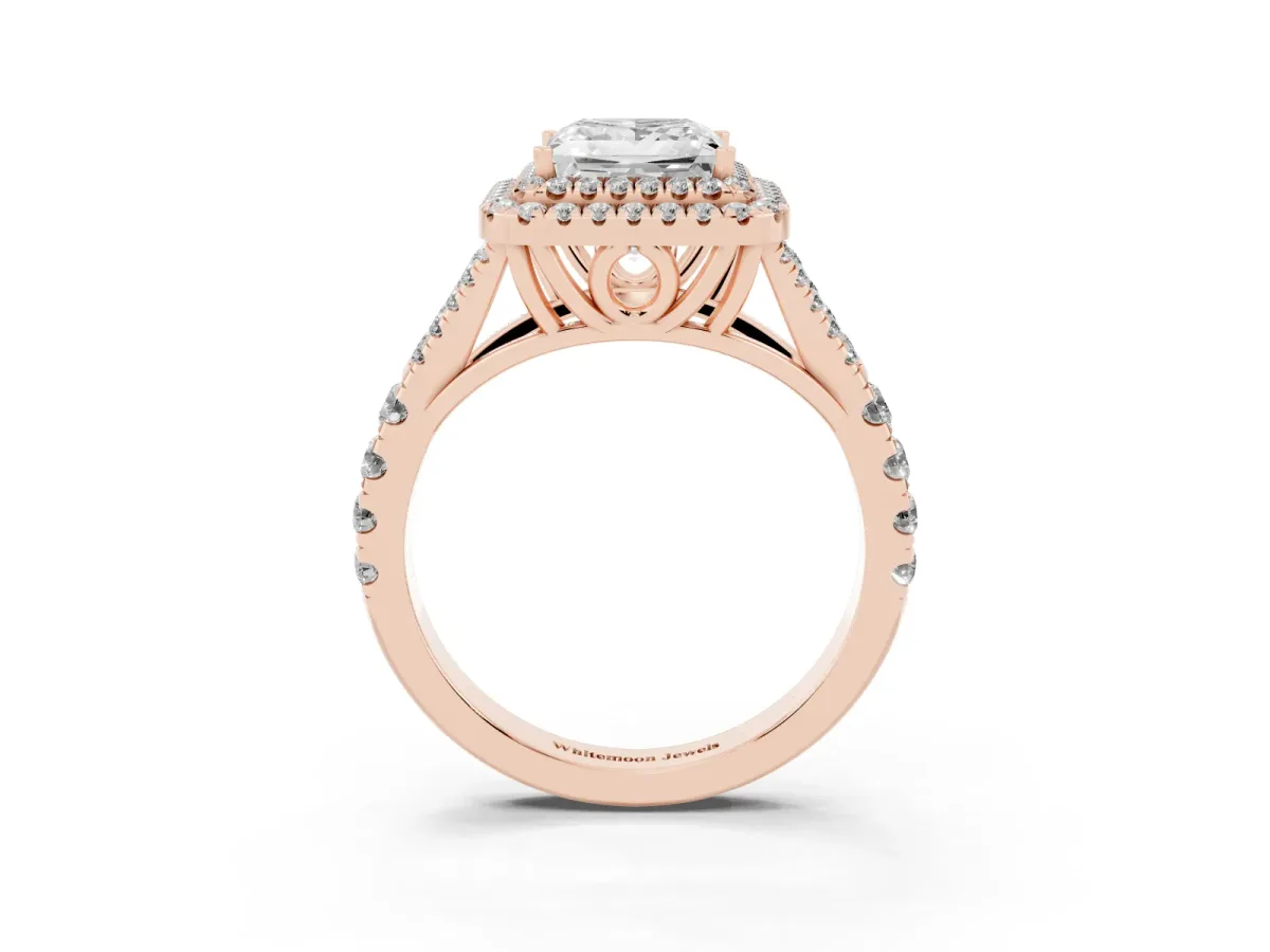 Princess Cut Diamond Double Halo Ring with Split Shank and Prong Setting Rose gold