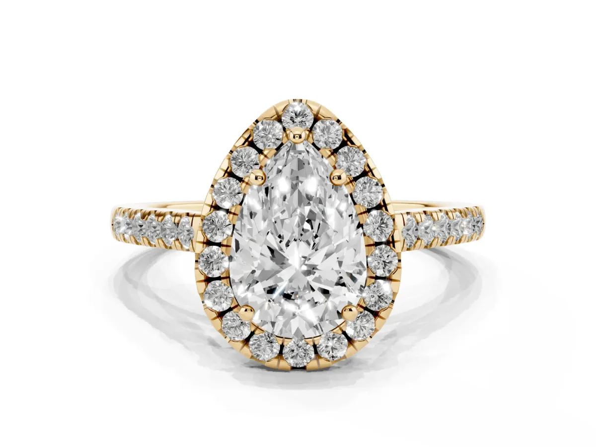 Pear Cut Halo Pavé Diamond Engagement Ring with Four-Prong Setting Yellow gold